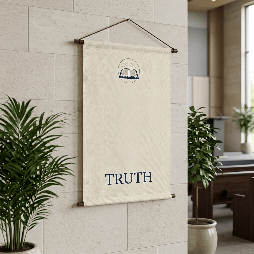 Wall hanging reads, “And you shall know the truth, the truth shall make you free. (John 8:32) TRUTH.”