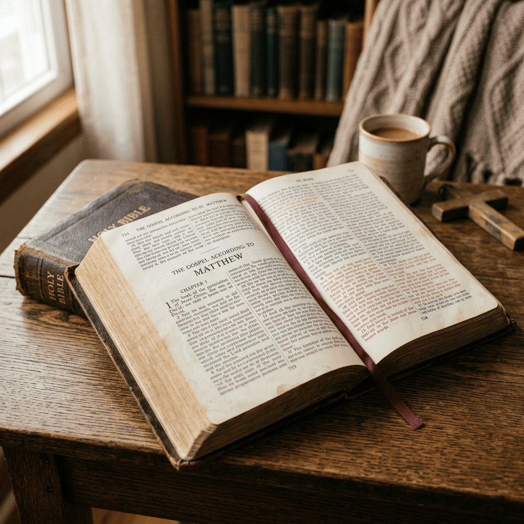 Open Bible showing the Gospel of Matthew beside coffee and a wooden cross