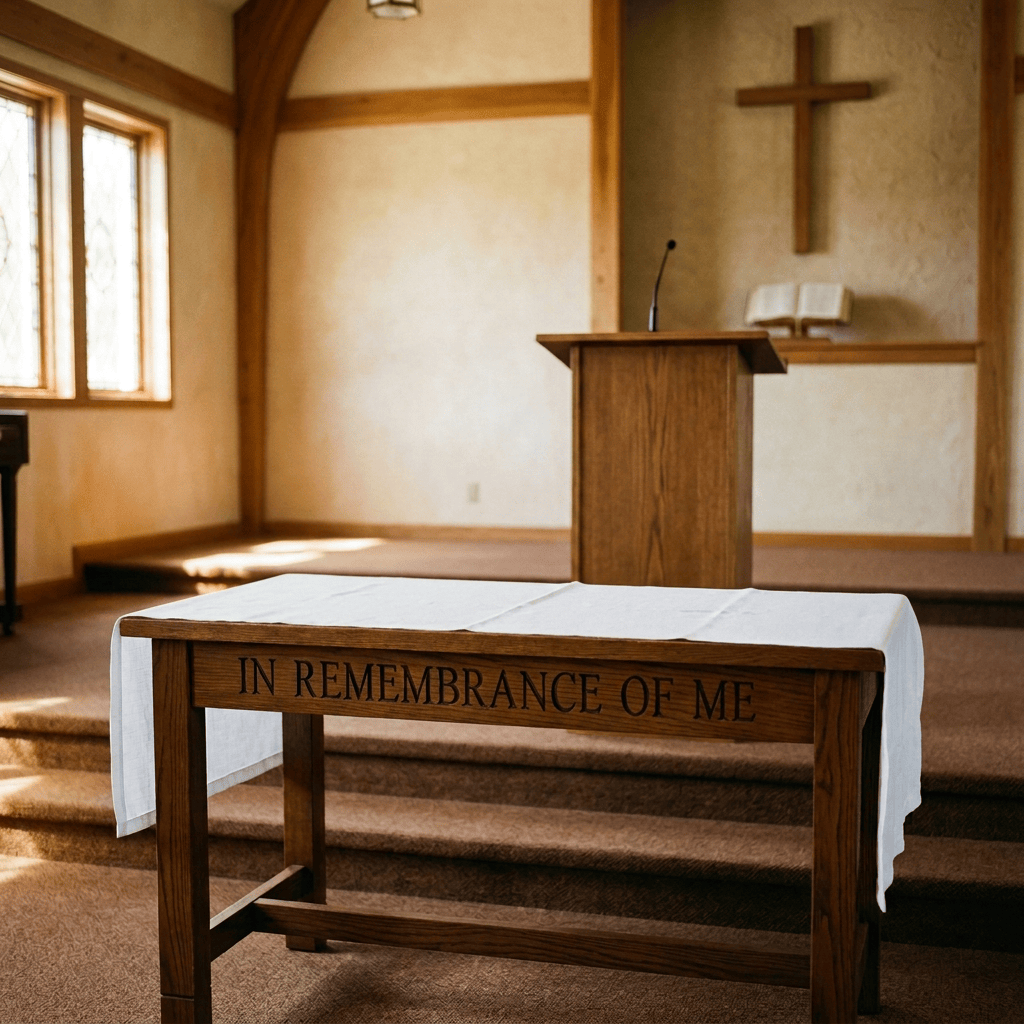 Communion table with bread, wine, cups, cross, and remembrance inscription