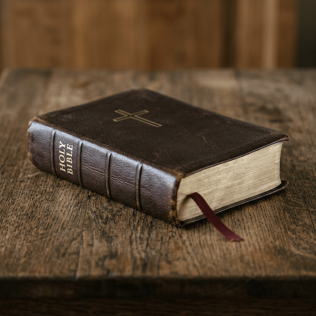 Closed leather-bound Holy Bible with a ribbon on a wooden table