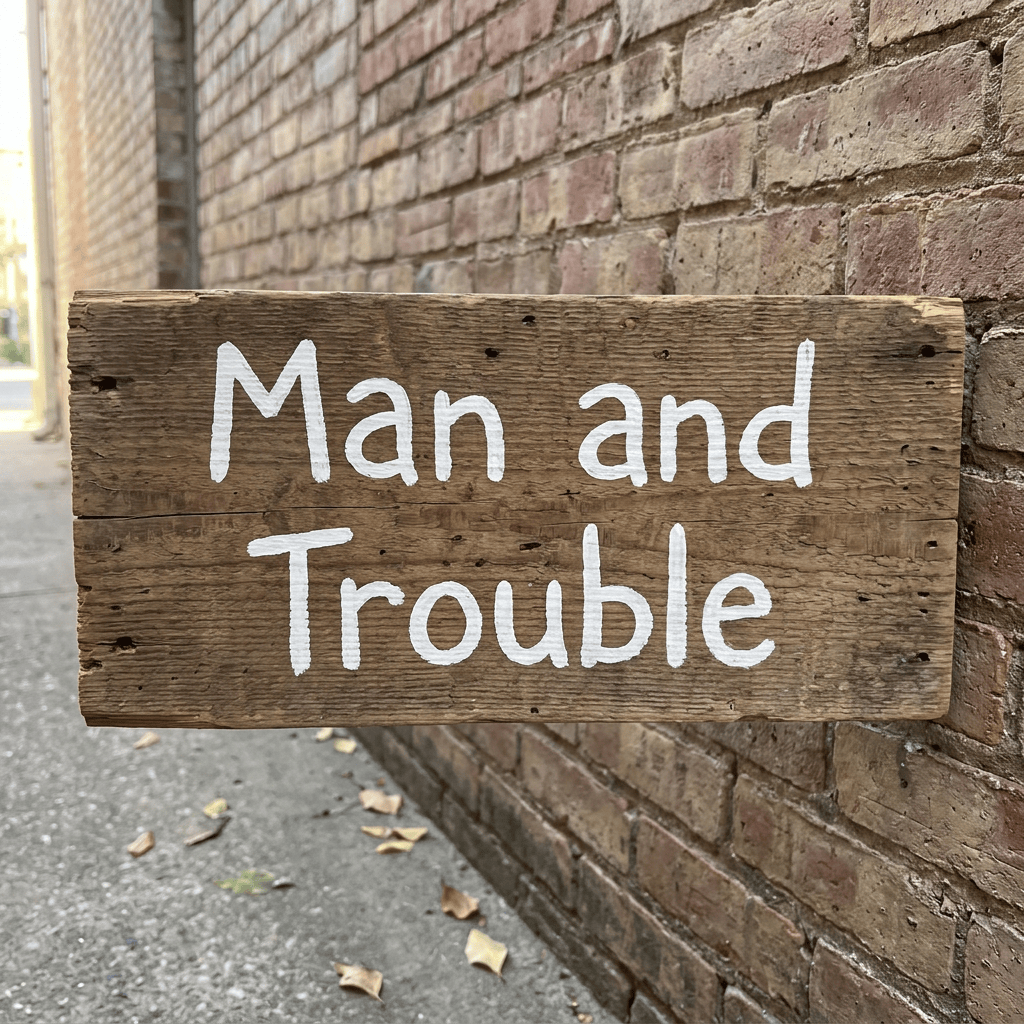 Wooden sign reading “Man and Trouble” beside a brick wall