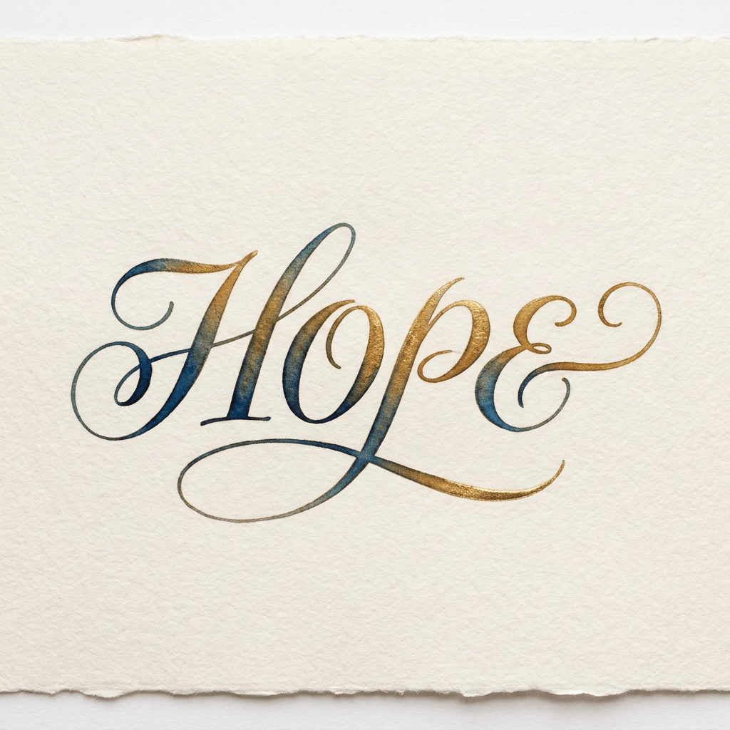 Decorative calligraphy spelling “Hope” in gold, blue, and brown