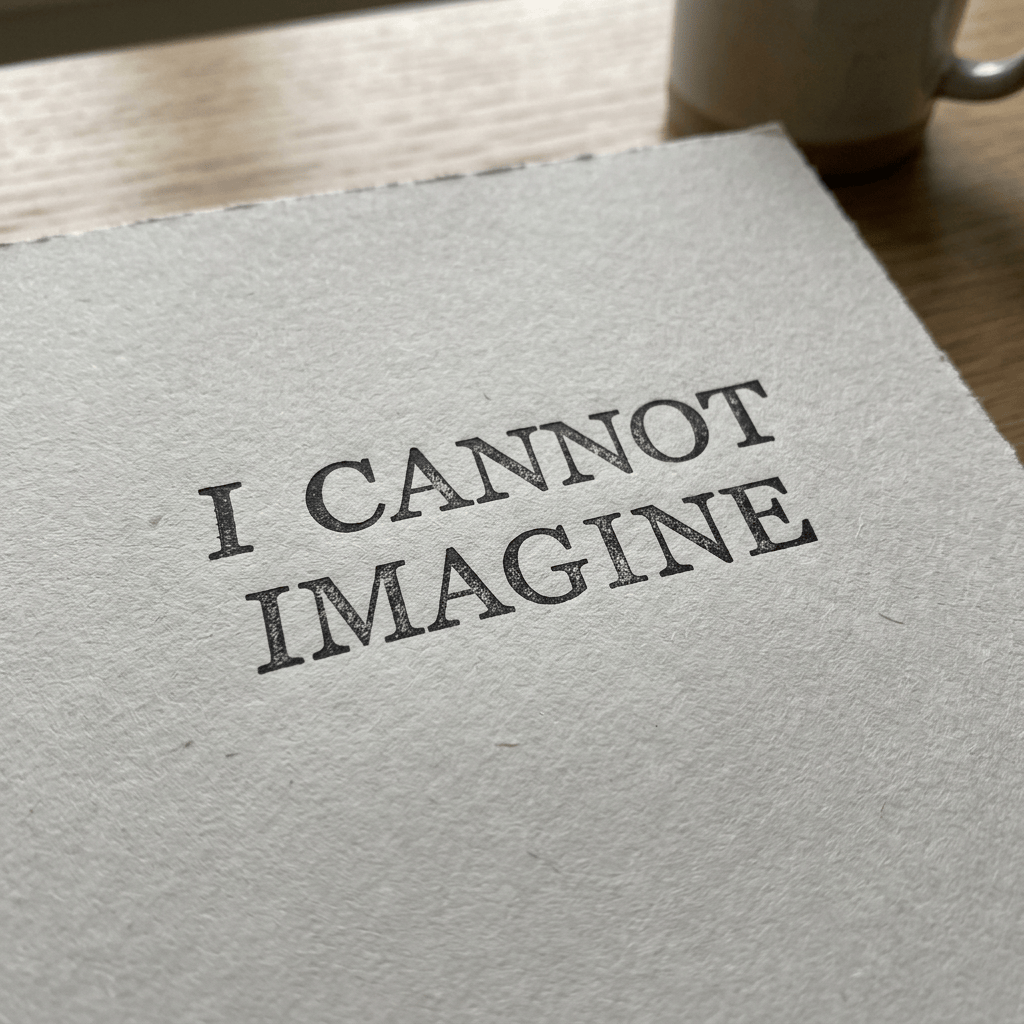 Textured paper card reading “I CANNOT IMAGINE” beside a coffee cup