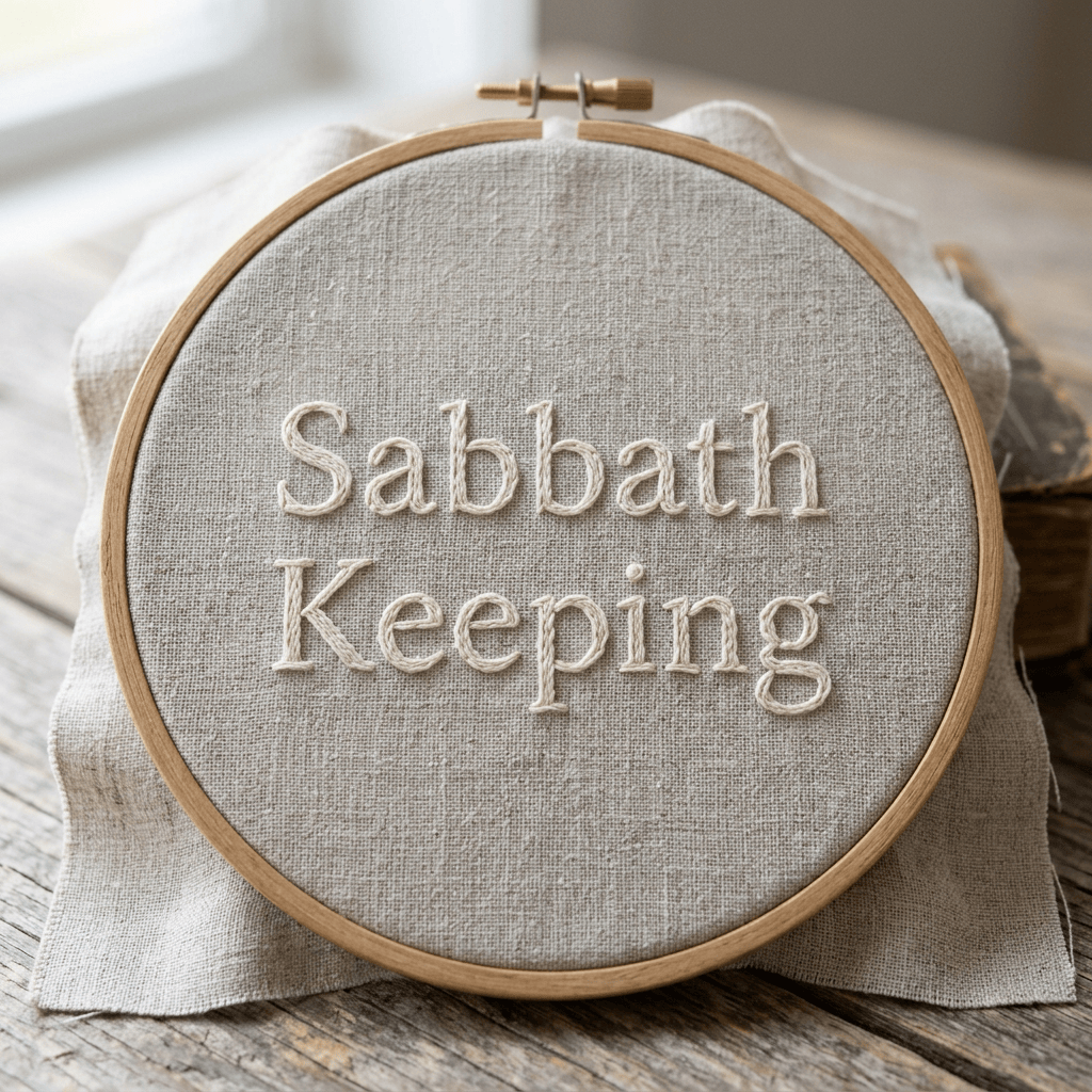 Embroidery hoop reading “Sabbath Keeping” on linen fabric