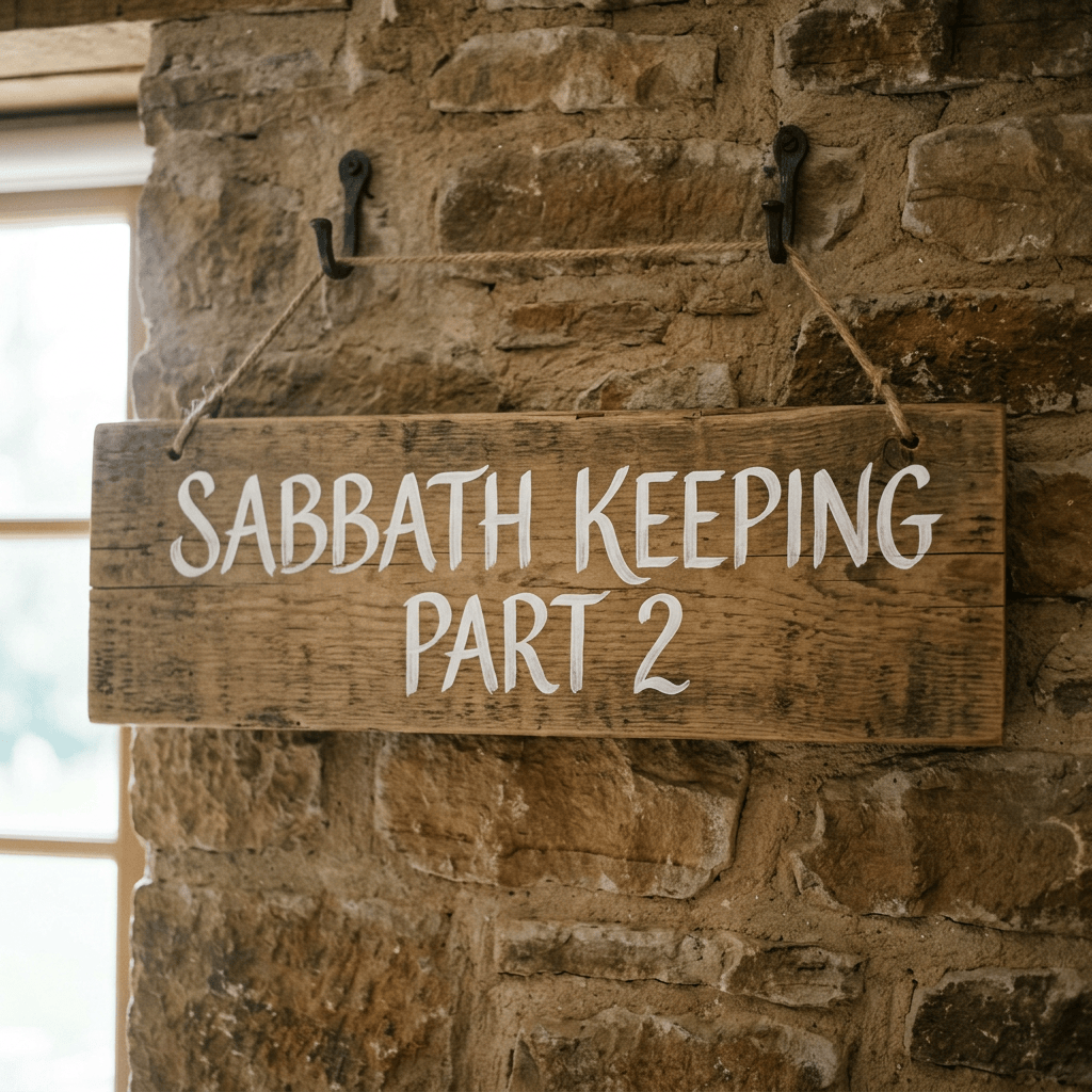 Wooden sign reading “SABBATH KEEPING PART 2”