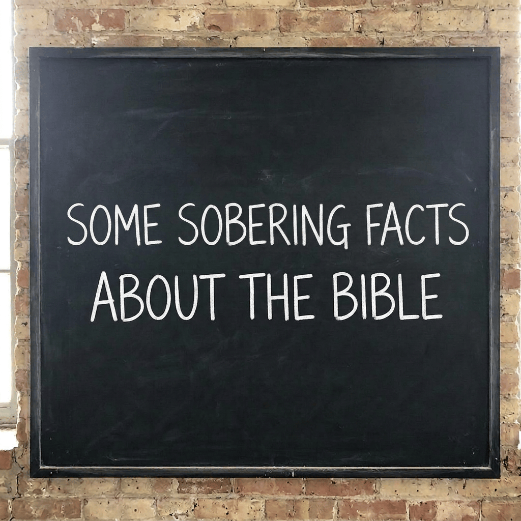 Chalkboard reading “Some sobering facts about the Bible” with four numbered statements about its 66 books, history, moral messages, and influence on conflict.