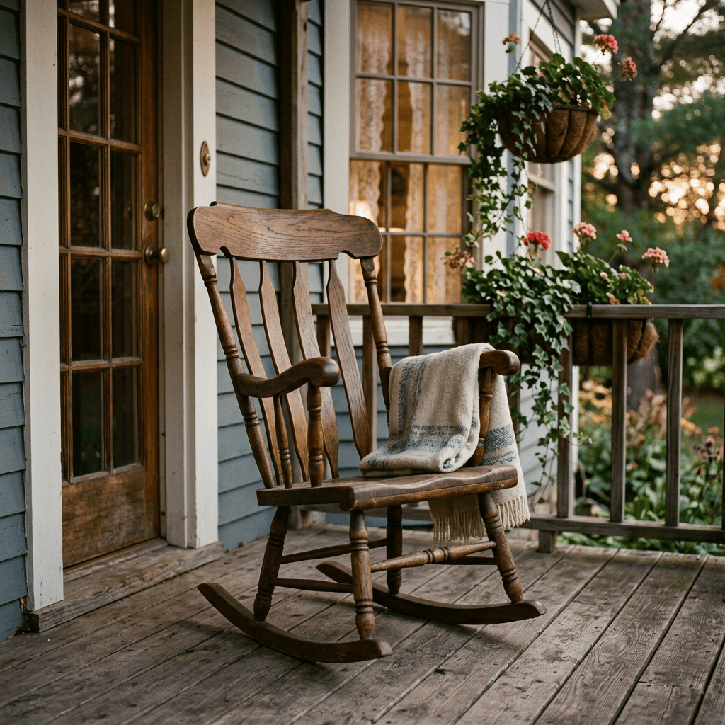 Wooden rocking chair with blanket on a flower-filled porch